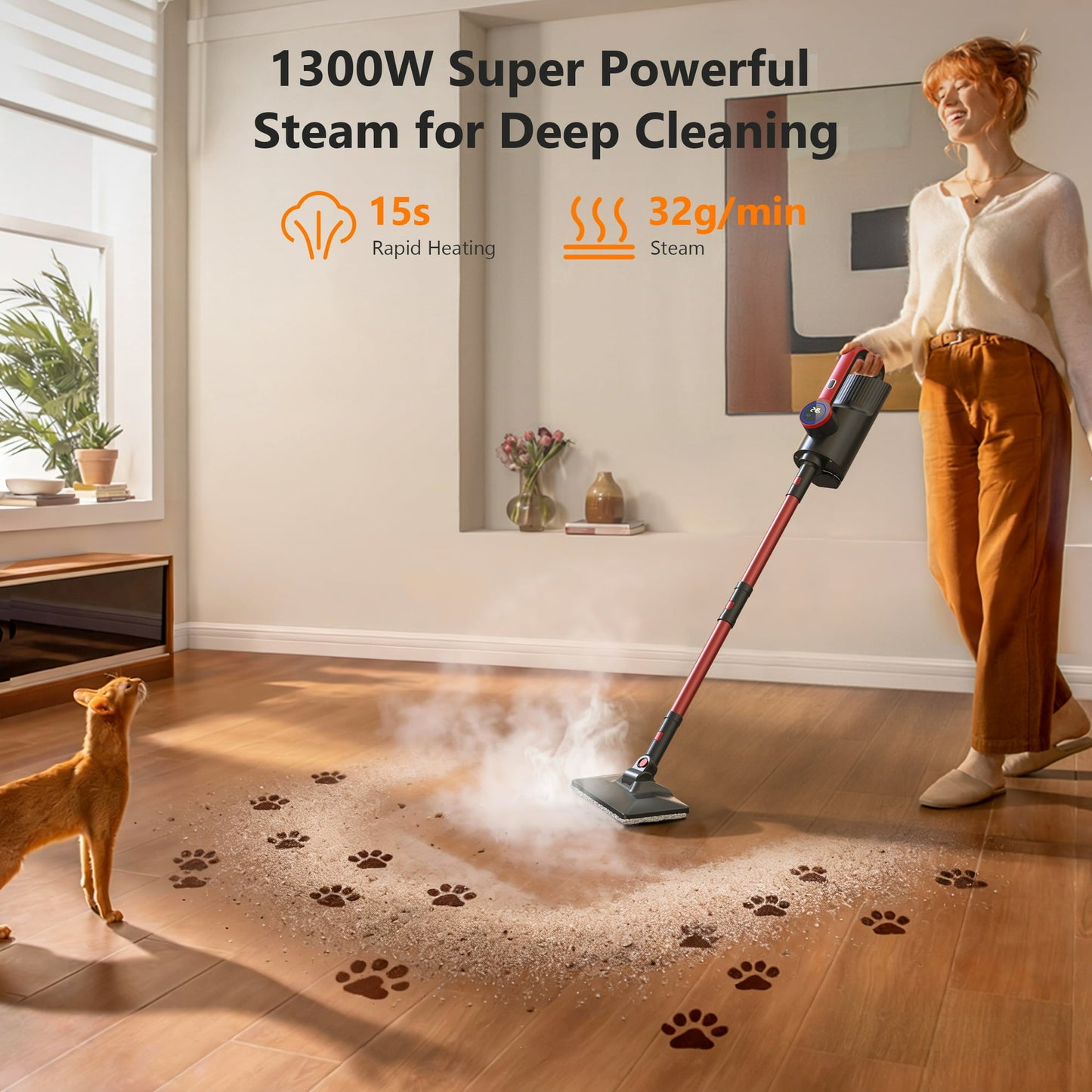 ORFELD Digital Steam Mop & Detachable Handheld Steam Cleaner for Home and Floor Cleaning,15s Heat-Up, 248°F Floor Steamer for Deep Cleaning with Multi-purpose Attachments,Red