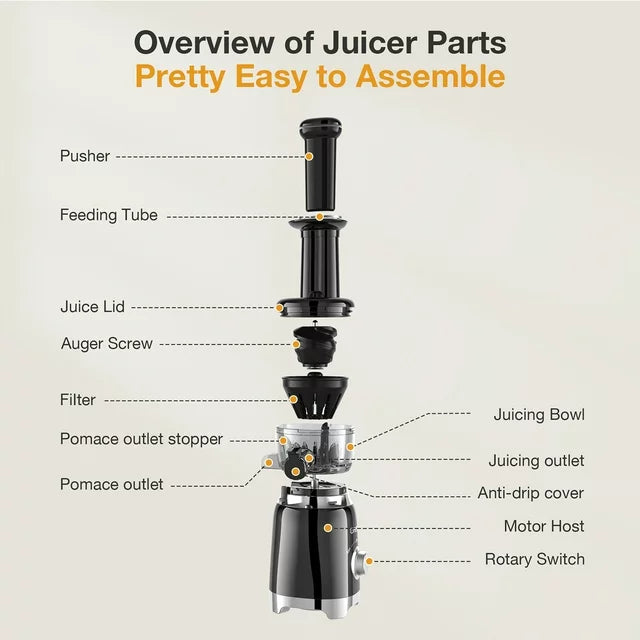 ORFELD Juicer Machine, Slow Masticating Cold Press Juicer for Fruits and Vegetables, BPA-Free, Black