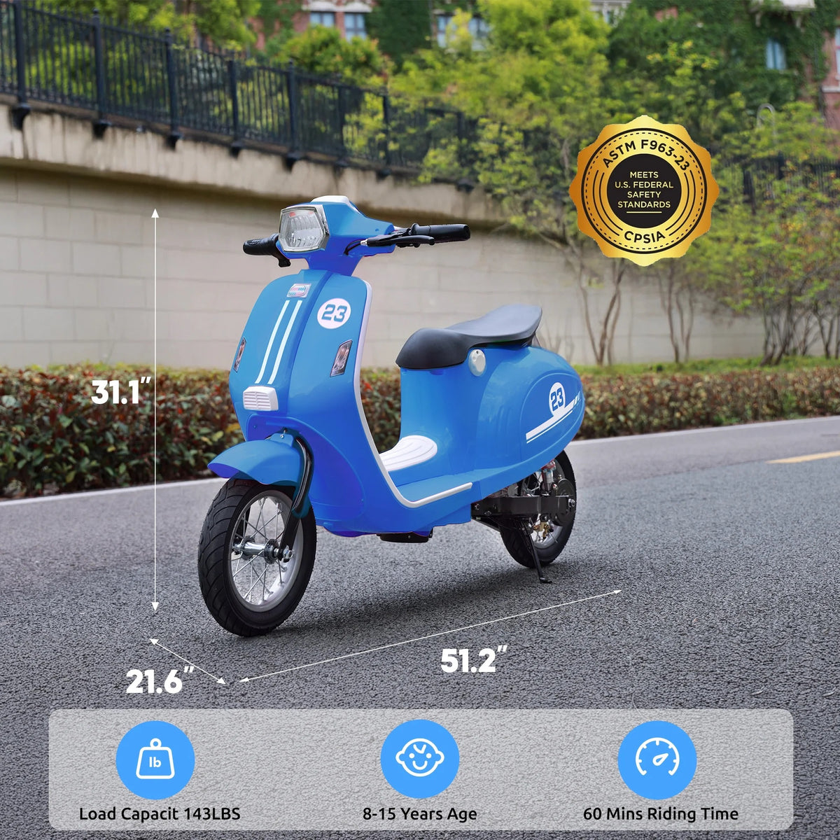 SaveJoy 24V Motorcycle for Kids Ages 8+ Retro Ride on Toys , LED Light-Up Electric Ride On Car,Durable Outdoor Gift for Boys & Girls,Blue