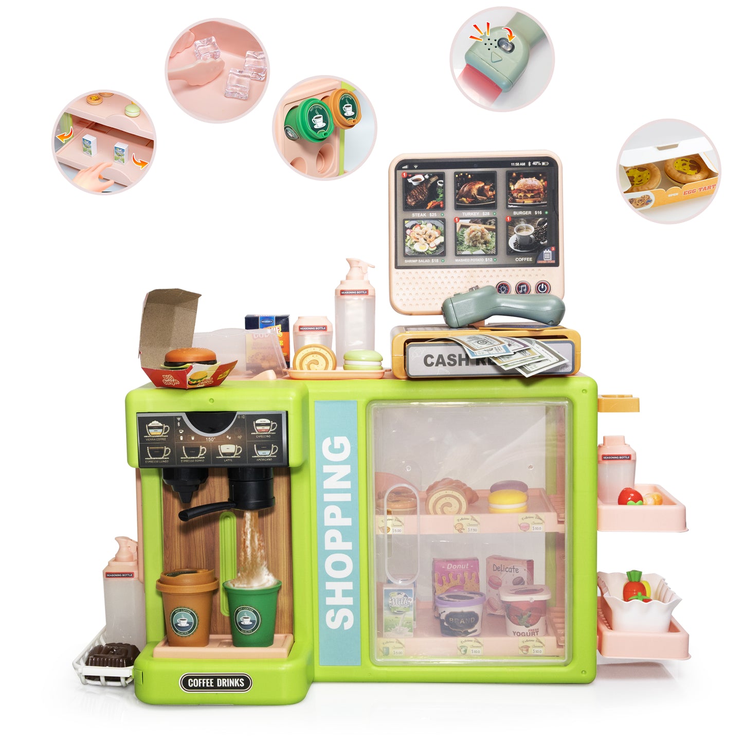 SaveJoy Cash Registers for Kids, 54Pcs Pretend Play Toys for Girls Age 3-6, Check Out Toy Cash Register, Pink