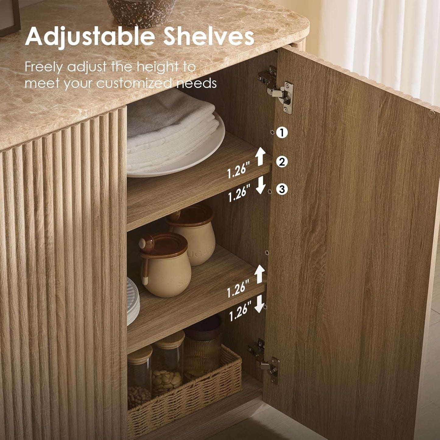 Sideboard Buffet Cabinet with Storage, Hvoonc 2 Doors 35'' Fluted Credenza Kitchen Cabinet Storage with Adjustable Shelves for Living Room, Entryway, Kitchen, Natural Oak