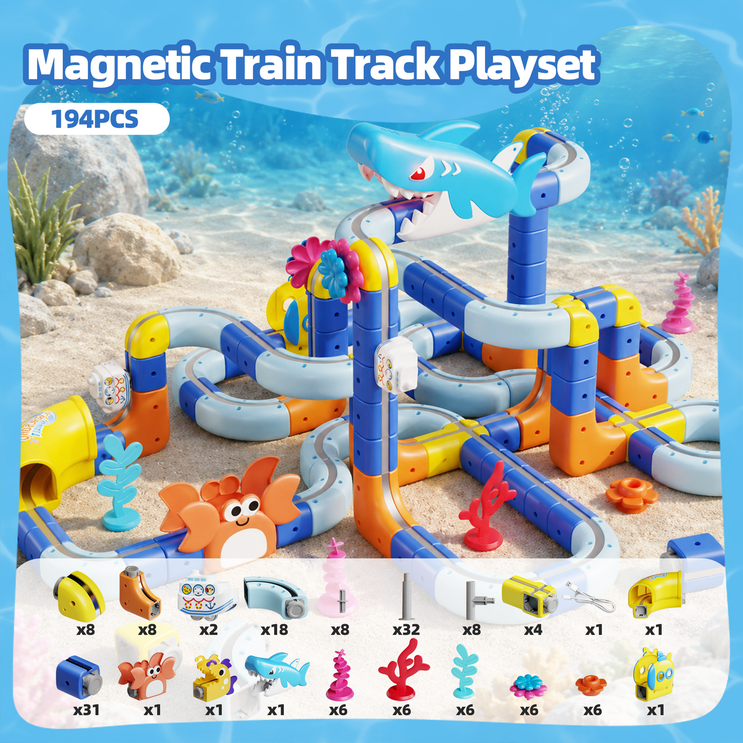 SaveJoy 193PCS Ocean Theme Track Race Car Set,STEM Building Toy with Electric Vehicle, DIY Construction Train Set for Boys Girls Ages 3-12