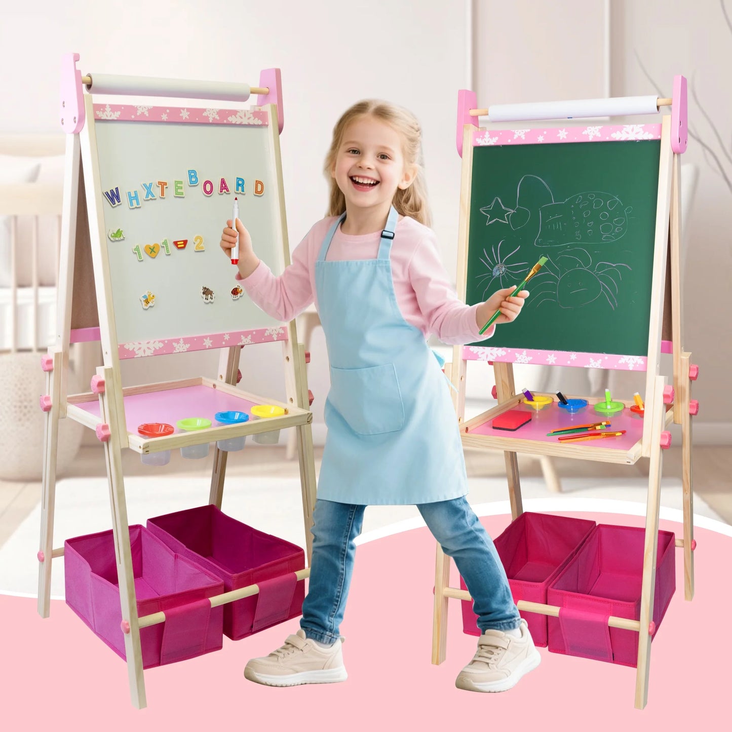 SaveJoy 3-in-1 Wooden Double Sided Kids Art Easel,Magnetic Whiteboard, Chalkboard and Paper Roll,Adjustable Standing Drawing Board with Accessories for Boys & Girls,Pink
