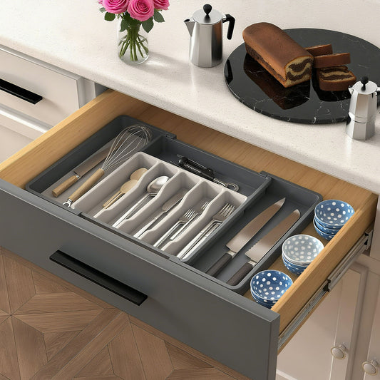 ORFELD Extendable Utensil Tray for Drawer,Multipurpose Kitchen Organizers and Storage Solution,Adjustable BPA-Free Cutlery Holder for Spoons, Forks, Grey