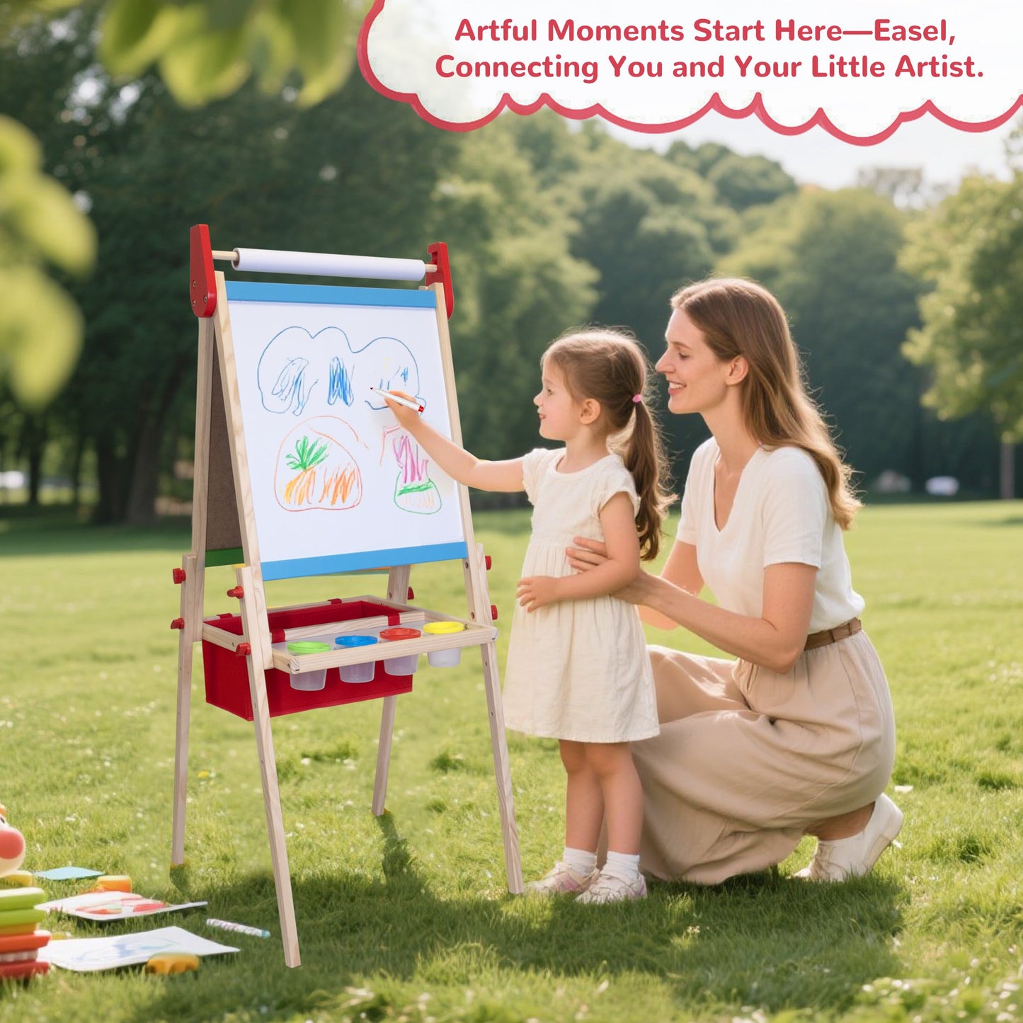 SaveJoy 3-in-1 Wooden Double Sided Kids Art Easel,Magnetic Whiteboard, Chalkboard and Paper Roll,Adjustable Standing Drawing Board with Accessories for Boys & Girls,Red