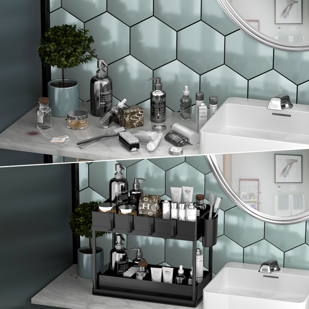 2-Tier Under Sink Organizer, Sliding Under Bathroom Cabinet Storage Drawer Organizer with Hooks, Hanging Cup, Multi-purpose Under Sink Shelf Organizer, Black