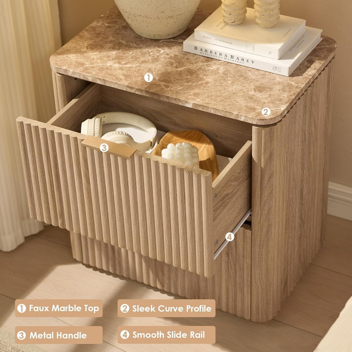Hvoonc Fluted Nightstand with 2 Drawers, Solid Wood & Faux Marble Bedside Table, Modern Accent Furniture for Bedroom, Natural Oak