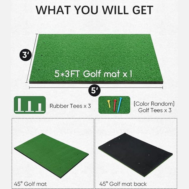 ORFELD Golf Hitting Mat, 5x3ft Home Golf Turf Practice Mat for Hitting, Chipping and Driving with 3 Rubber Tees