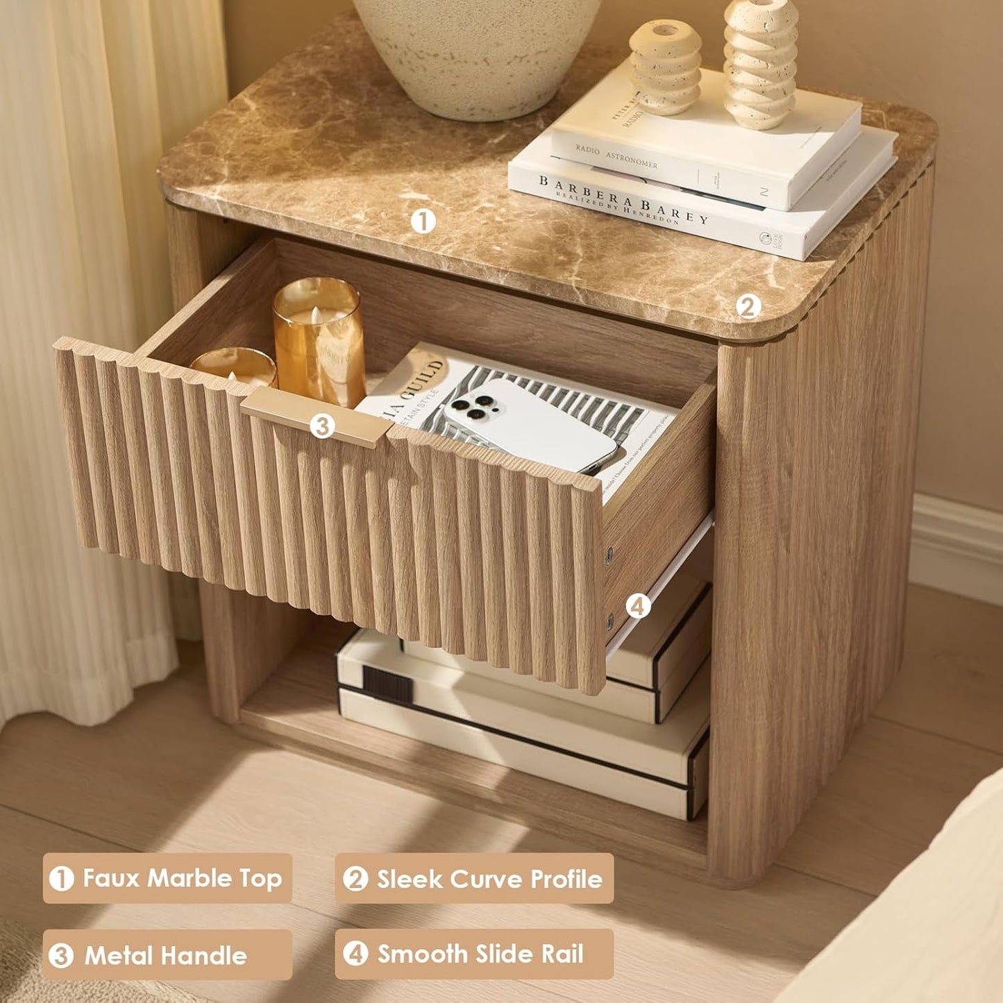 Hvoonc Fluted Nightstand with Drawer, Solid Wood & Faux Marble Bedside Table, Modern Accent Furniture for Bedroom, Natural Oak