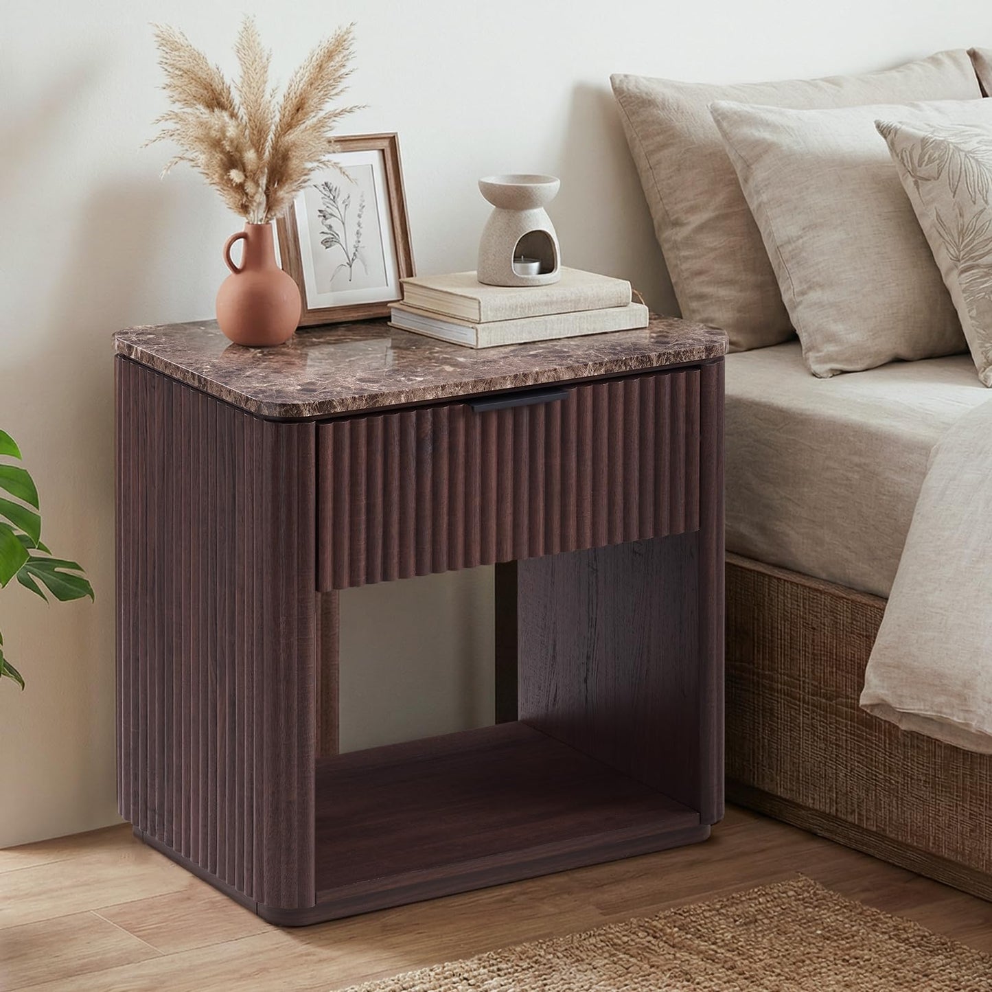 Wood Fluted Drawer Nightstand with Open Shelf, 24" Tall Modern Walnut Bedside Table with Faux Marble Top and Gold Handle for Bedroom & Small Spaces