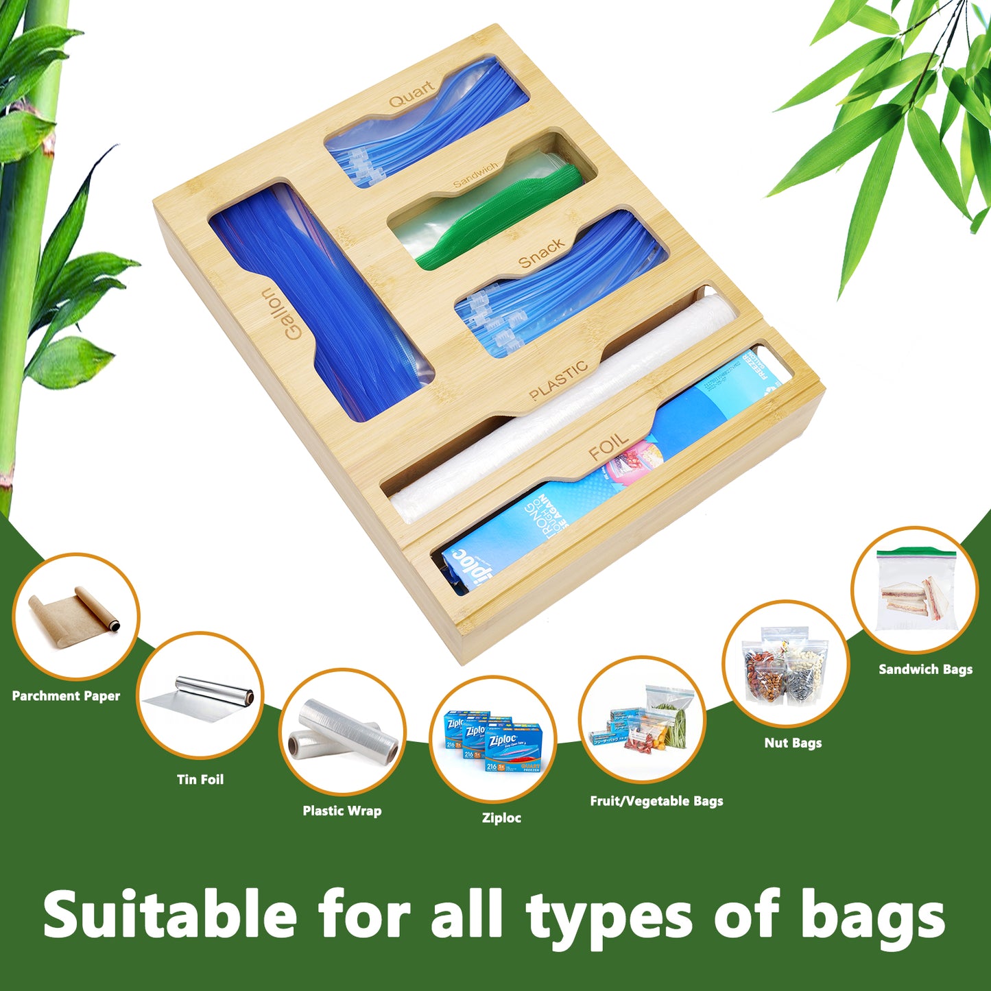 CAUTUM Bamboo Plastic Wrap Dispenser, 6 in 1 Food Bag Sorting Box, Storage Organizer for Kitchen Drawer
