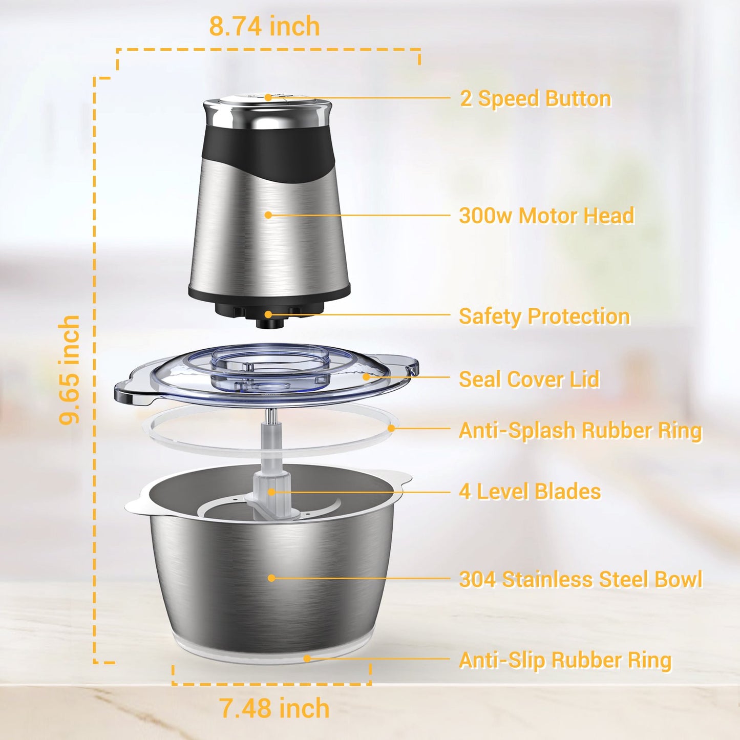 ORFELD Meat Grinder Electric, 8 Cup Stainless Steel Bowl Food Processor, 2 Speeds Meat Chopper for Beef Vegetables Fruits Nuts, 4 Sharp Blades, 300W, Kitchen Gift for Salad Lovers