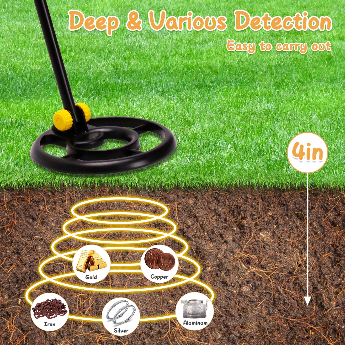 Metal Detector for Kids, CAUTUM Waterproof Search Coil 28" to 35" Adjustable Lightweight Metal Detector, Yellow