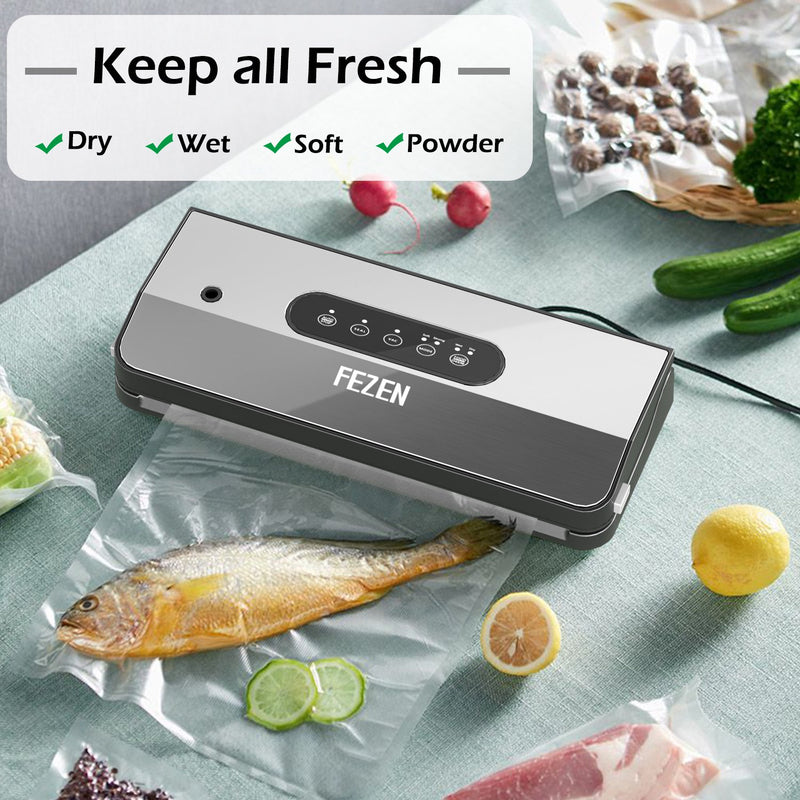 FEZEN Vacuum Sealer Machine, Automatic Food Sealer for Food Savers with Starter Kit, Dry & Moist Modes, LED Screen Indicator, Compact Vacuum Sealer, Easy to Clean, Silver&Black