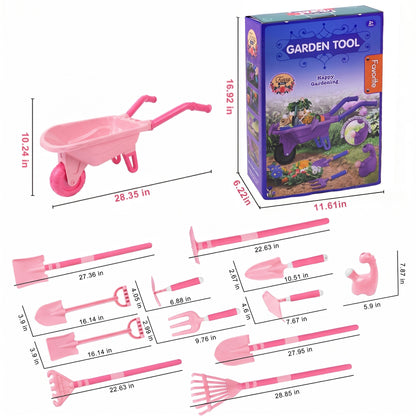 SaveJoy Kids Gardening Tools Set, Pink Toddler Garden Outdoor Toys, Kids Wheelbarrow with Watering Can, Shovel, Rake, Hoe, Outdoor Toys for Kids Age 4-8，Pink
