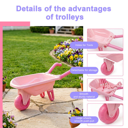 SaveJoy Kids Gardening Tools Set, Pink Toddler Garden Outdoor Toys, Kids Wheelbarrow with Watering Can, Shovel, Rake, Hoe, Outdoor Toys for Kids Age 4-8，Pink