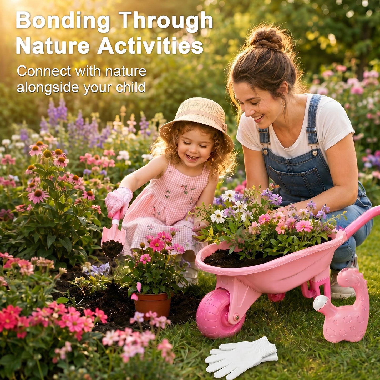SaveJoy Kids Gardening Tools Set, Pink Toddler Garden Outdoor Toys, Kids Wheelbarrow with Watering Can, Shovel, Rake, Hoe, Outdoor Toys for Kids Age 4-8，Pink