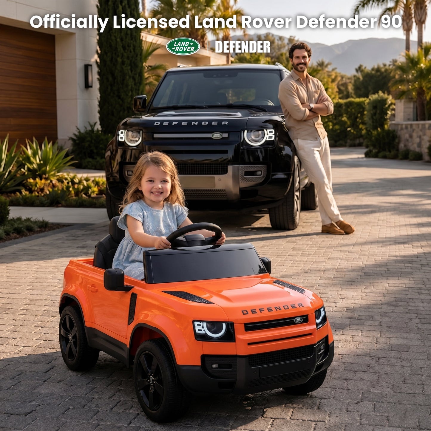 SaveJoy 12V Licensed Land Rover Defender Ride on Car, Electric Truck for Kids with 2.4G Remote Control, 3-Point Belt, Spring Suspension, Bluetooth, Orange