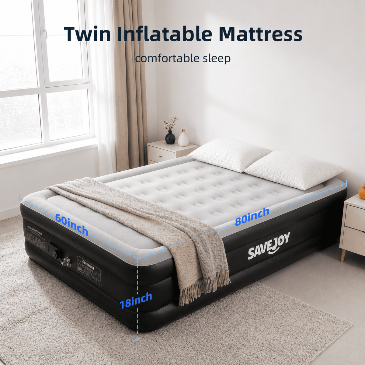 SaveJoy Queen Air Mattress with Built-in Pump, 18" Elevated Blow Up Bed for Home & Overnight Guests, Inflatable Mattress 2-Person Blow Up Air Bed with Flocked Top