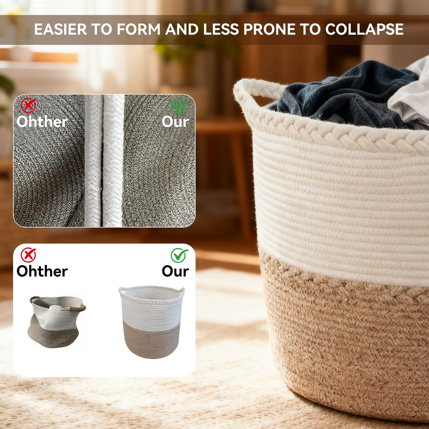 ORFELD 75L Large Cotton Rope Baskets for Storage,Woven Basket for Organizing, Blanket Basket Clothes Basket Laundry Hamper with Handles (16" x 24")