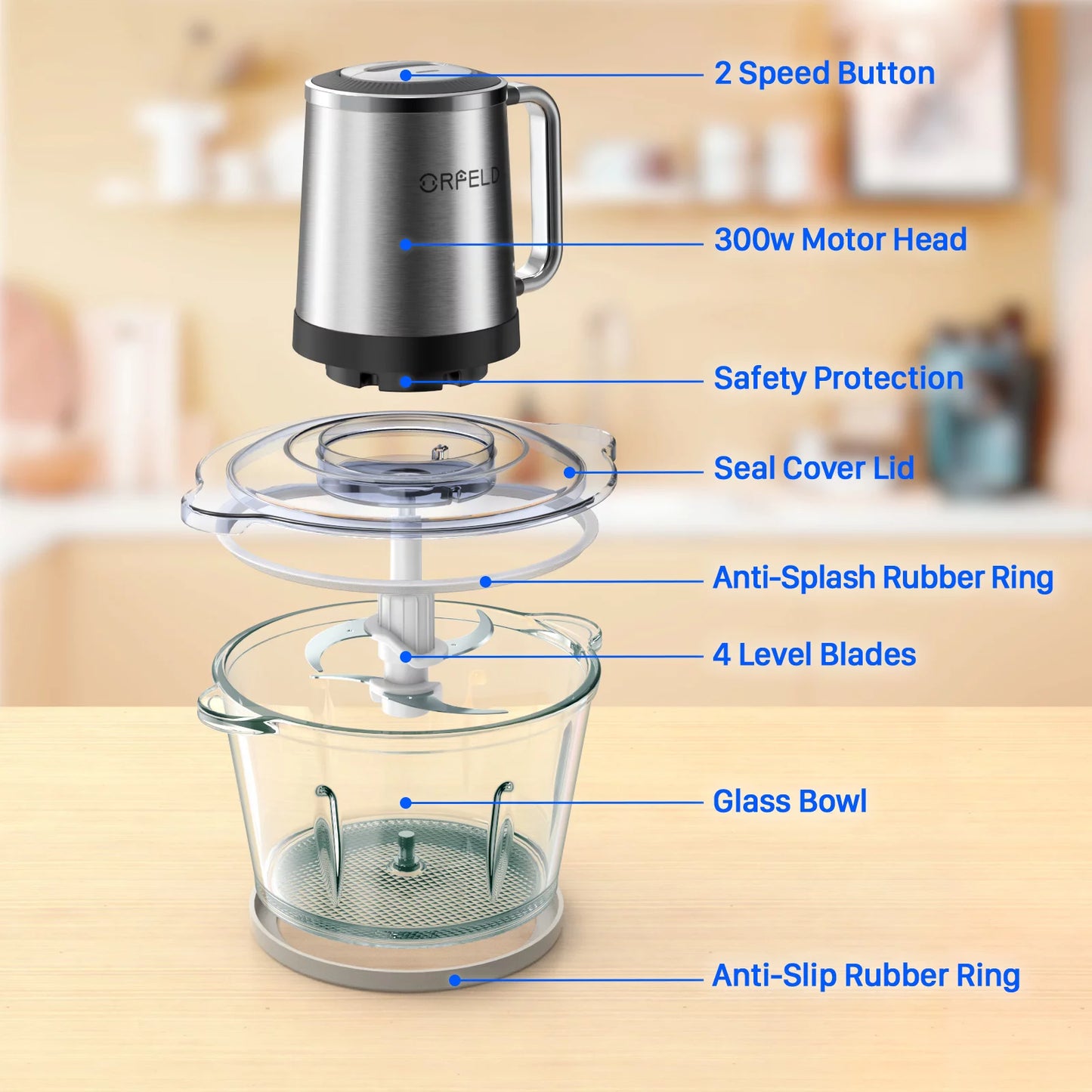 ORFELD Meat Grinder Electric Food Chopper, 2 Speeds Meat Chopper 8 Cup Food Processor New, Silver