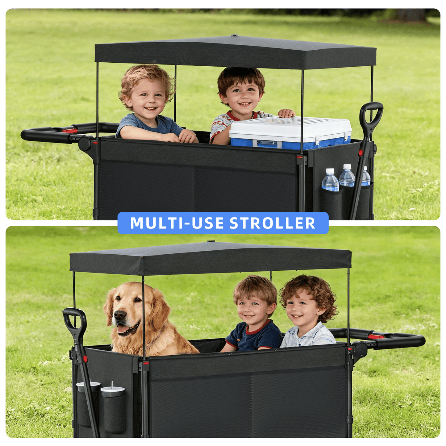 SaveJoy Wagon Stroller, Collapsible Stroller Wagon for 4 Passenger with Adjustable Canopy & 5-Point Harness, Black