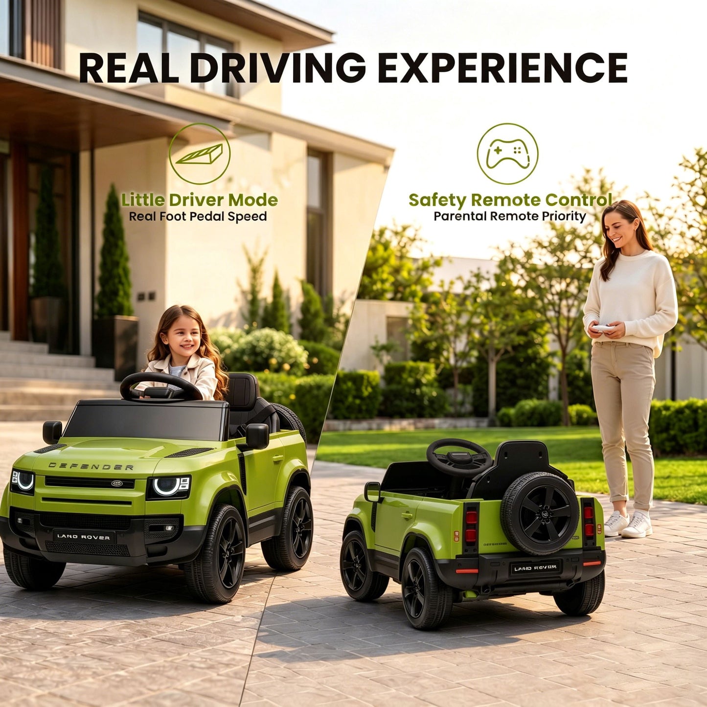 SaveJoy 12V Licensed Land Rover Defender Ride on Car, Electric Truck for Kids with 2.4G Remote Control, 3-Point Belt, Spring Suspension, Bluetooth, Green
