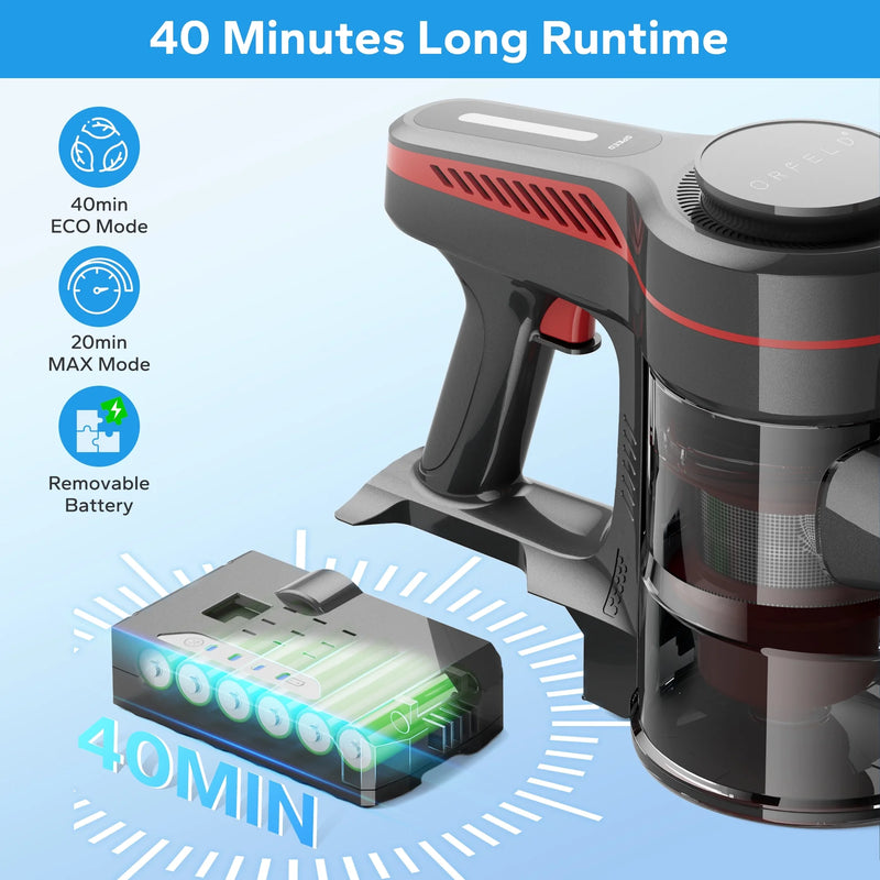 ORFELD Cordless Vacuum Cleaner, 45KPA Powerful Vacuum Cleaners for Home, Stick Vacuum Cordless with Anti-Tangle Roller Brush for Carpet,Hardwood Floor,Pet Hair,A16 Red