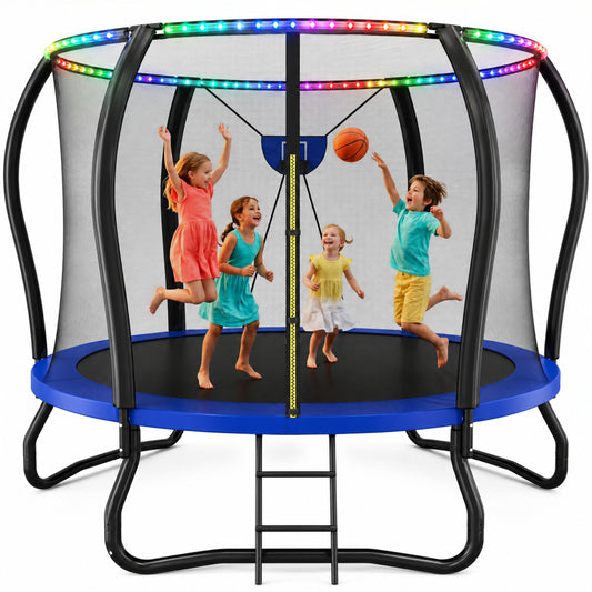 SaveJoy 8FT Trampolines for Kids with Safety Enclosure, Basketball Hoop & Lights, Kids Trampoline Indoor & Outdoor