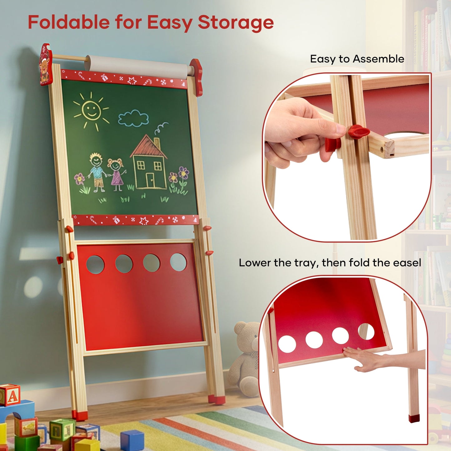 SaveJoy Kids Easel,Reindeer Adjustable Double-Sided Whiteboard,Wooden Toddlers Drawing Chalkboard with Paper & Art Supplies for 3-8 Boys Girls