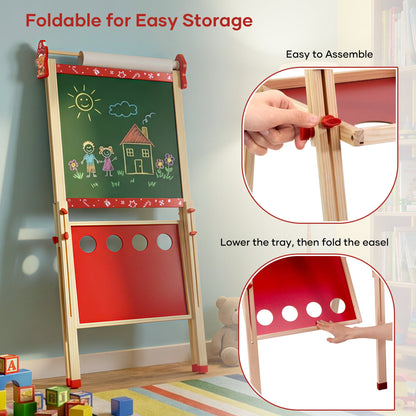 SaveJoy Kids Easel,Reindeer Adjustable Double-Sided Whiteboard,Wooden Toddlers Drawing Chalkboard with Paper & Art Supplies for 3-8 Boys Girls
