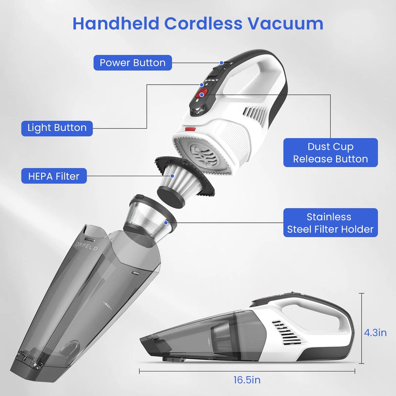 ORFELD Handheld Cordless Vacuum, Lightweight and Portable Vacuum Cleaner with 8.5Kpa Cyclonic Suction, Multi-Surface, for Home and Car