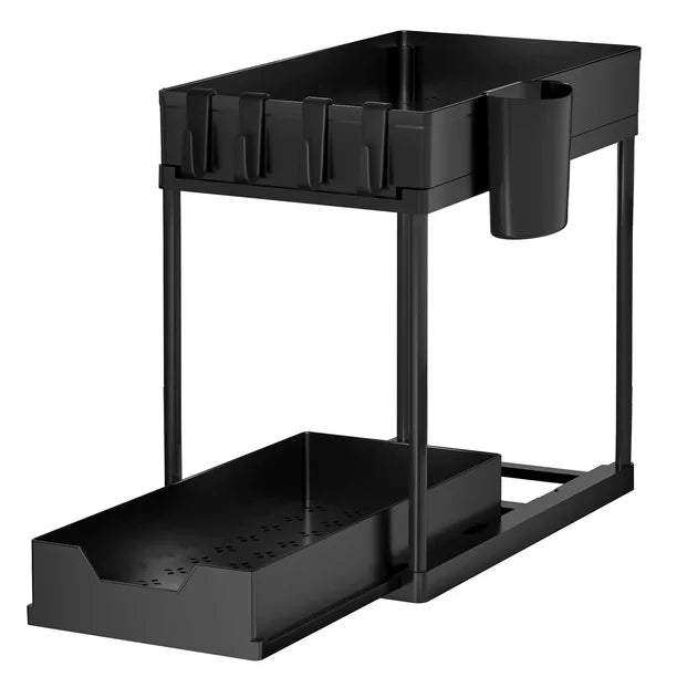 2-Tier Under Sink Organizer, Sliding Under Bathroom Cabinet Storage Drawer Organizer with Hooks, Hanging Cup, Multi-purpose Under Sink Shelf Organizer, Black