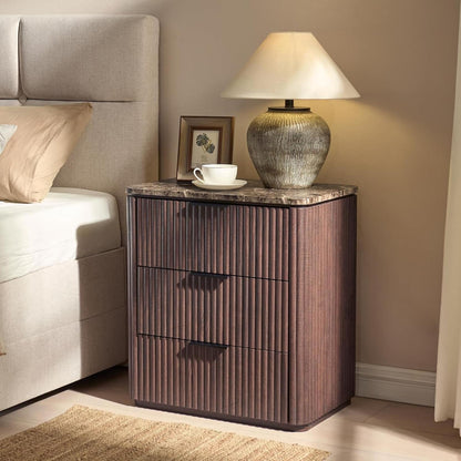 25.3"H Wood Fluted Modern Nightstand with 3 Drawer and Faux Marble Top, Wanut Bedside Table with Gold Handles, Large Storage End Table for Bedroom
