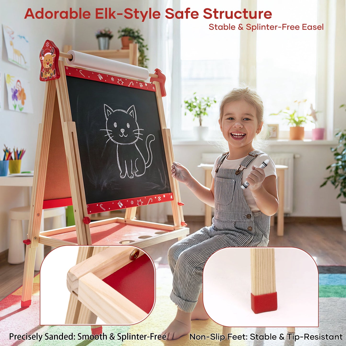 SaveJoy Kids Easel,Reindeer Adjustable Double-Sided Whiteboard,Wooden Toddlers Drawing Chalkboard with Paper & Art Supplies for 3-8 Boys Girls