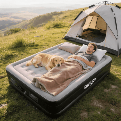 SaveJoy Queen Air Mattress with Built-in Pump, 18" Elevated Blow Up Bed for Home & Overnight Guests, Inflatable Mattress 2-Person Blow Up Air Bed with Flocked Top