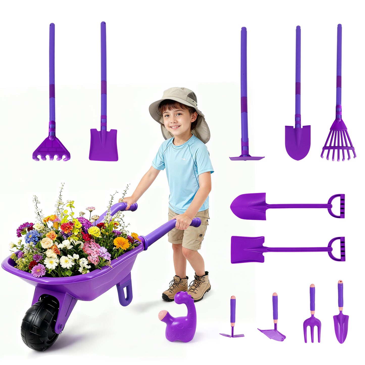 SaveJoy Kids Gardening Tools Set,Toddler Garden Outdoor Toys,Kids Wheelbarrow with Watering Can,Shovel,Rake,Hoe,outdoor toys for kids Age 4-8,Purple