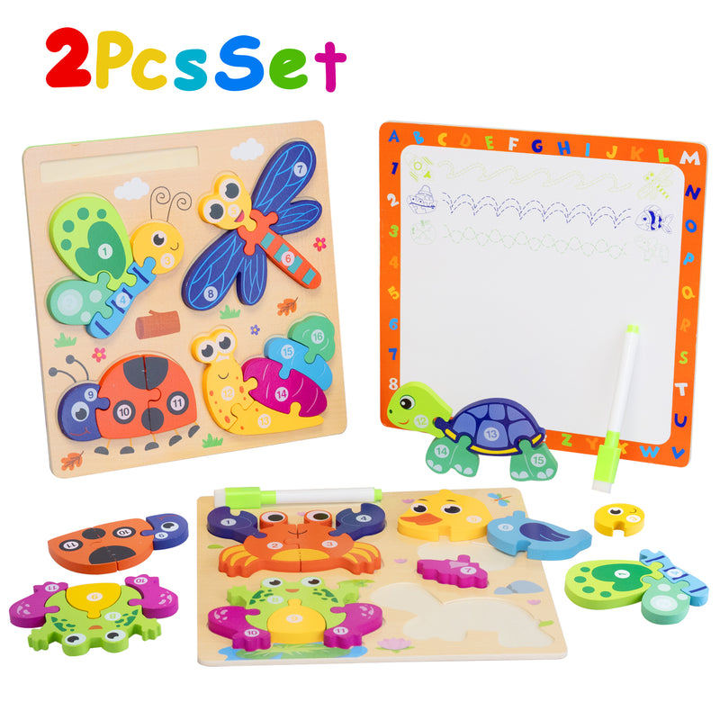 Savejoy Wooden Animal Jigsaw Puzzle Set - 3D Smooth Surface, Rich Colors,with Drawing Board for Kids' Age 3＋ Early Learning & Fun,2Pcs
