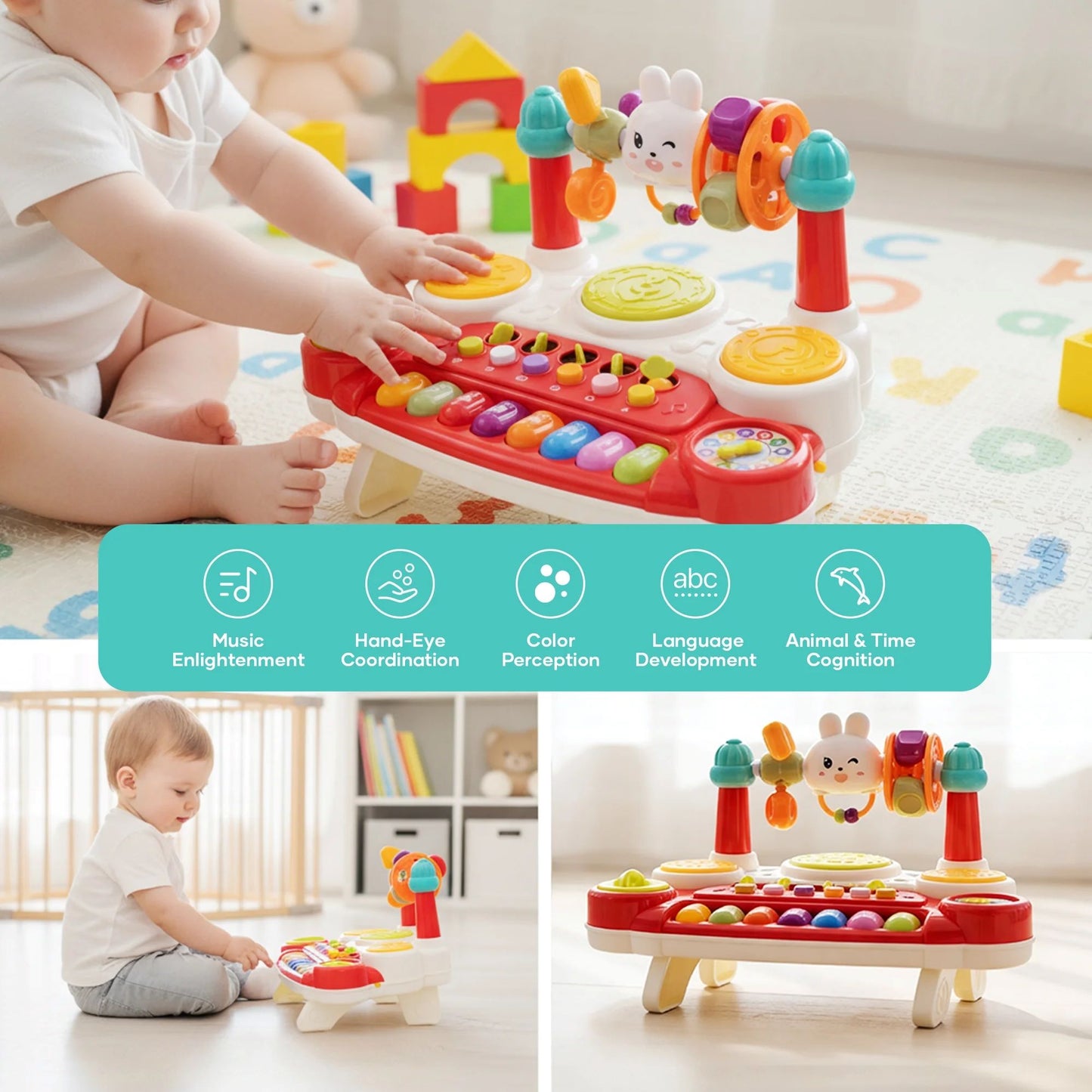 SaveJoy Baby Musical Toys 10 in 1 Piano Keyboard Drum Set for Toddler 12-24 Months,Early Educational Kids Gift,Electronic Learning Toy,Red