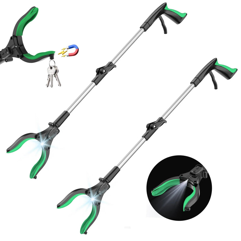 2PCS ORFELD Grabber Tool 32" Steel Magnetic Claw with LED Light, Lightweight Foldable Reacher Grabber Pickup Tool, Gripper Grabbers for Elderly Grab it Reaching Tool Trash Picker Grabber, Green