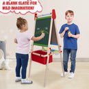 SaveJoy 3-in-1 Wooden Double Sided Kids Art Easel,Magnetic Whiteboard, Chalkboard and Paper Roll,Adjustable Standing Drawing Board with Accessories for Boys & Girls，Red