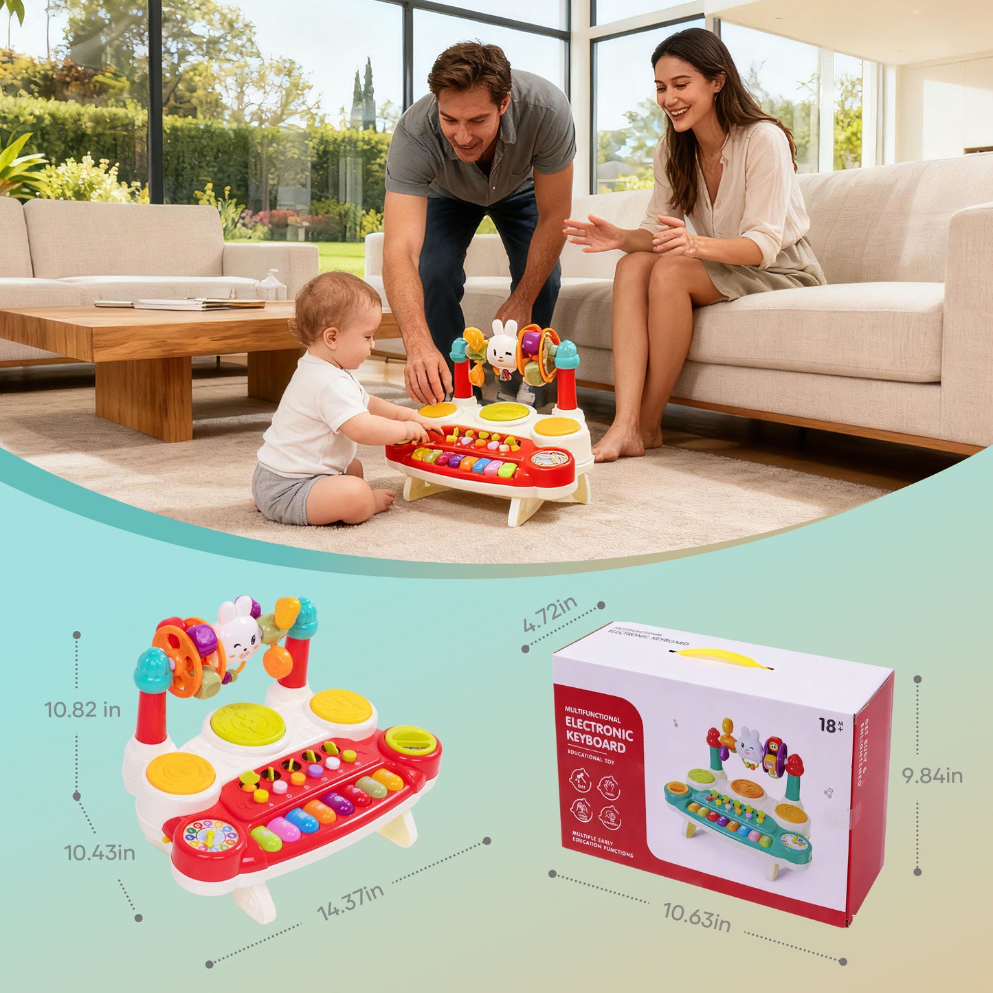SaveJoy Baby Musical Toys 10 in 1 Piano Keyboard Drum Set for Toddler 12-24 Months,Early Educational Kids Gift,Electronic Learning Toy,Red