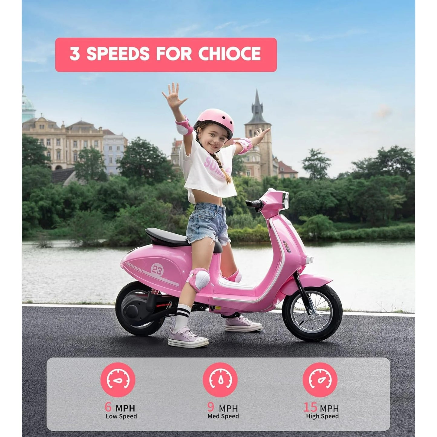 SaveJoy Kids Motorcycle 24V Retro Ride on Toys for Ages 8+, 15 mph LED Light up Electric Ride On Car,Durable Outdoor Gift for Boys & Girls,Pink