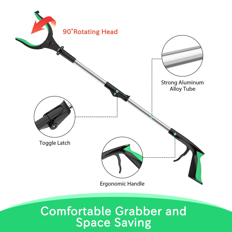 2PCS ORFELD Grabber Tool 32" Steel Magnetic Claw with LED Light, Lightweight Foldable Reacher Grabber Pickup Tool, Gripper Grabbers for Elderly Grab it Reaching Tool Trash Picker Grabber, Green