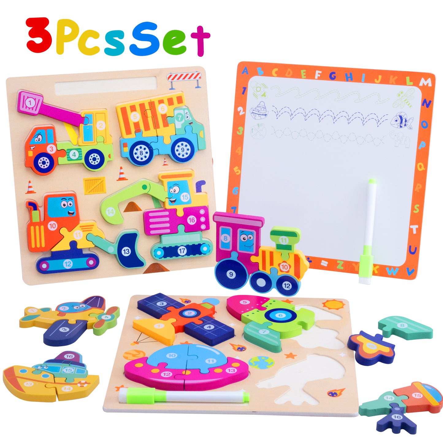 SaveJoy Wooden Animal Jigsaw Puzzle Set - 3D Smooth Surface, Rich Colors,with Drawing Board for Kids' Early Learning & Fun,3Pcs