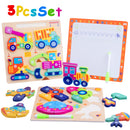 SaveJoy Wooden Animal Jigsaw Puzzle Set - 3D Smooth Surface, Rich Colors,with Drawing Board for Kids' Early Learning & Fun,3Pcs