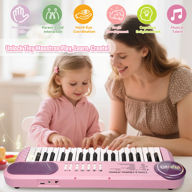 SaveJoy Pink Piano for 1-4 Year Old Kids, 37 Keys Electronic Music Keyboard Toy with Microphone & Stand, Portable Musical Gift for Toddlers,Pink