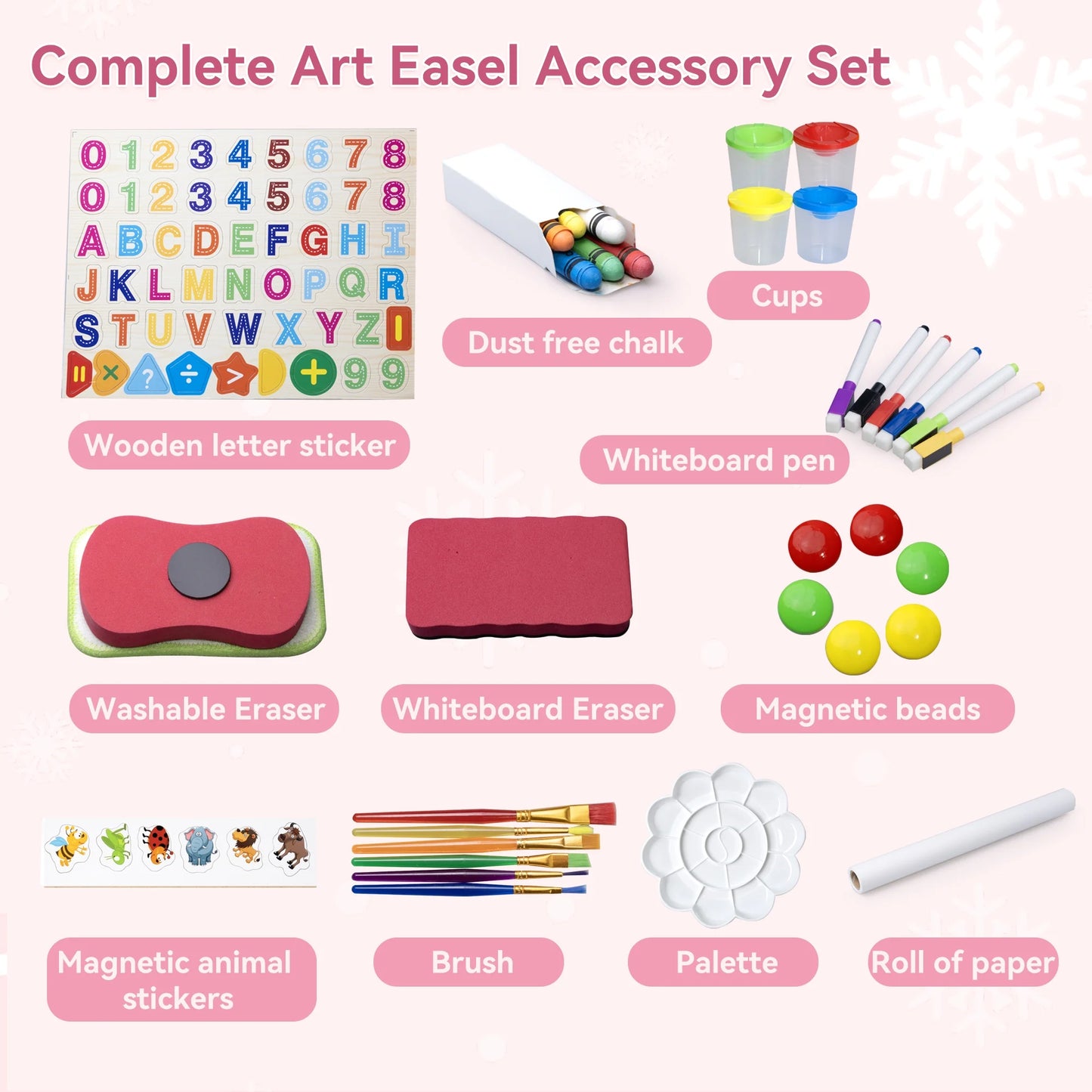 SaveJoy 3-in-1 Wooden Double Sided Kids Art Easel,Magnetic Whiteboard, Chalkboard and Paper Roll,Adjustable Standing Drawing Board with Accessories for Boys & Girls，Pink