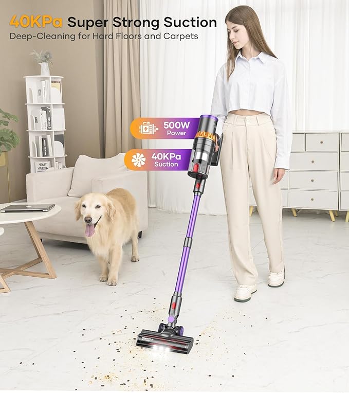 ORFELD Cordless Vacuum Cleaner, 500W/40Kpa Stick Vacuum with Smart Display, Max 60Mins Runtime & Auto Mode, Anti-Tangle Vacuum Cleaner for Home, Lightweight Vacuum for Pet Hair Carpet Hardwood Floor