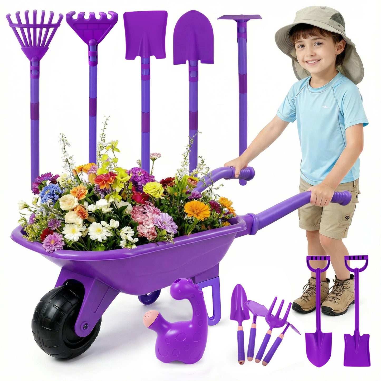 SaveJoy Kids Gardening Tools Set,Toddler Garden Outdoor Toys,Kids Wheelbarrow with Watering Can,Shovel,Rake,Hoe,outdoor toys for kids Age 4-8,Purple